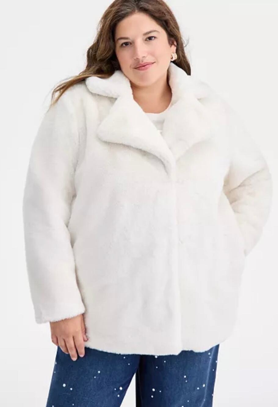 On 34th Trendy Plus Size Notched Collar Faux Fur Coat In Eggnog. Size 2X